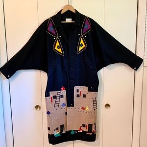 Unique black denim trench coat with southwestern appliqué